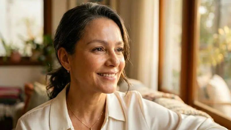Mulher de 50 anos com design de sobrancelha estratégico perfeito — início esfumado, arco suave e cauda levantada, luz natural dourada