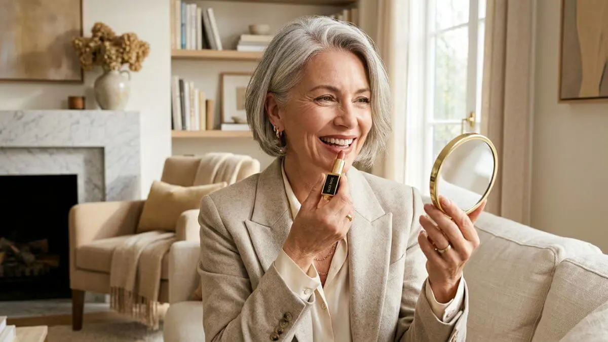 Mulher elegante de 55 anos sorrindo e segurando um batom que não marca rugas em ambiente iluminado.