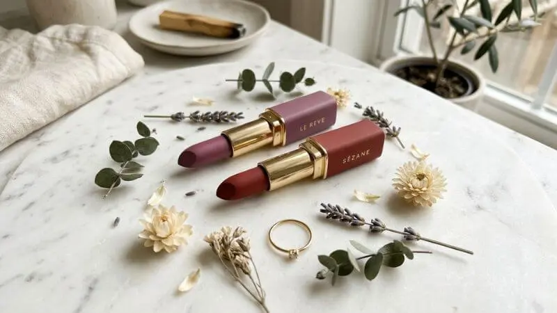 Batons em tons mauve e rosewood sobre mármore branco com flores secas e luz natural difusa