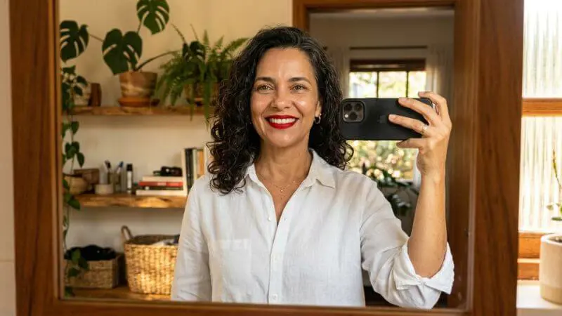 Mulher brasileira de 50 anos com batom vermelho clássico e camisa branca, expressão confiante e elegante