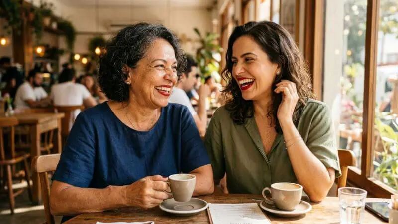Duas mulheres maduras de 40 e 60 anos com batom vermelho clássico rindo em café ensolarado