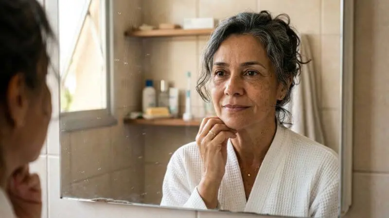 Mulher brasileira 52 anos com expressão autentica no espelho - beleza real e natural depois dos 50
