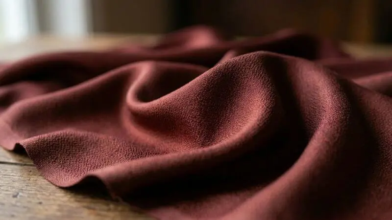 Close-up de tecido de seda na cor borgonha terroso com dobras elegantes.