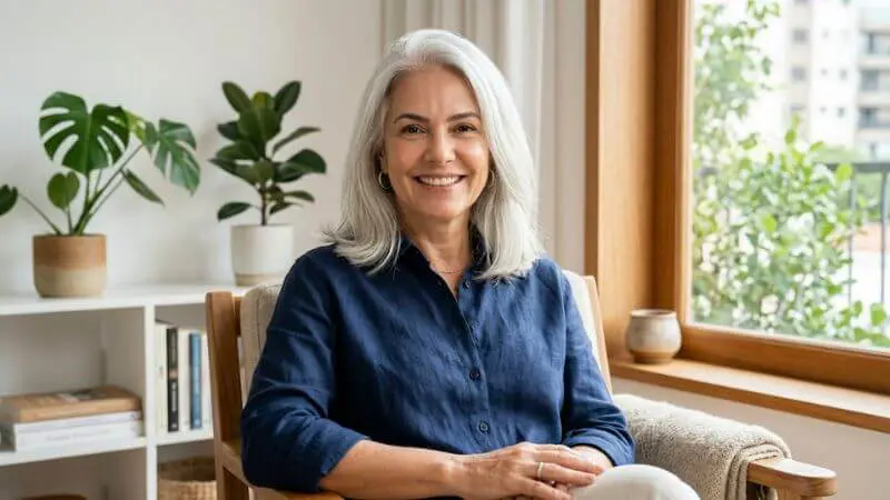 Mulher brasileira 60 anos com cabelo grisalho brilhante e lob elegante - cabelo prata cuidado