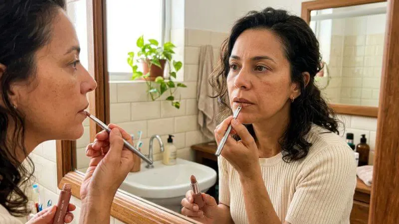 Mulher de 40 anos aplicando batom nude com pincel em frente ao espelho do banheiro, luz natural