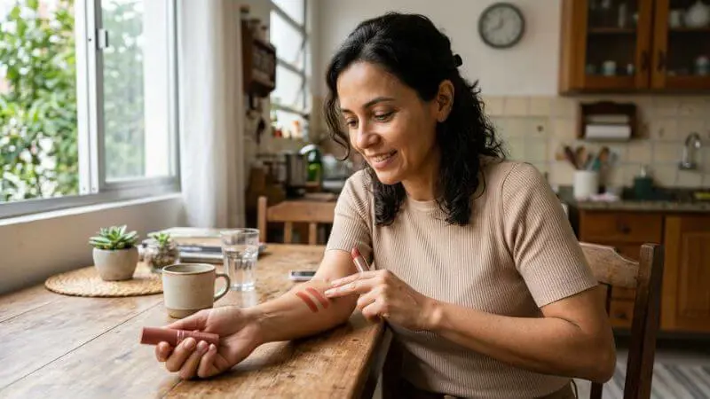 Mulher madura testando swatches de batom barato no pulso à luz natural, comparando tons