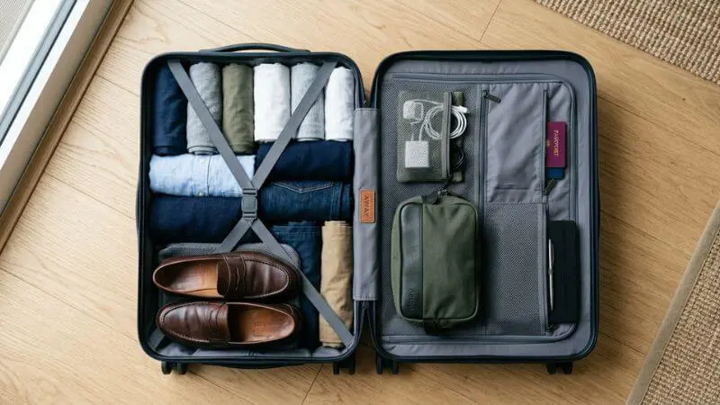 Mala de mão aberta com roupas organizadas para viagem de 15 dias, mala cápsula.
