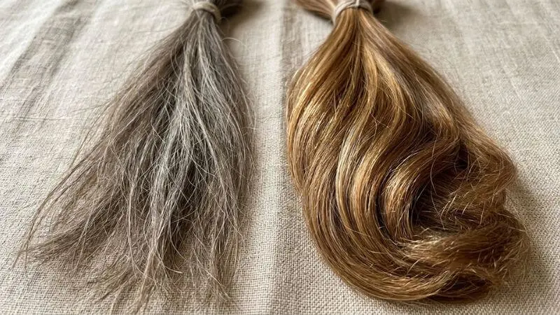 Comparação entre cabelo opaco e cabelo brilhante saudável em mulher madura após os 40 anos