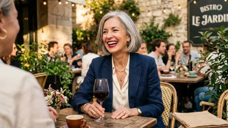 Mulher de 60 anos sorrindo em um café com batom impecável e visual elegante."
Legenda:
