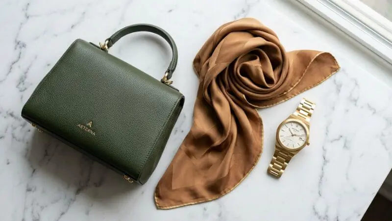 Flatlay de bolsa verde musgo e lenço camel sobre mesa de mármore, acessórios 2027.