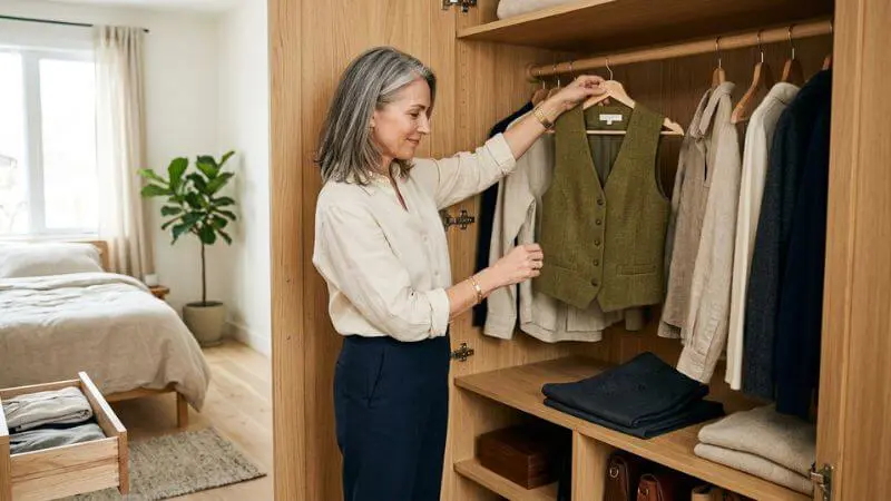 Guarda Roupa Cápsula 2026/2027: Mulher madura organizando cabides com roupas de linho em closet minimalista iluminado.
