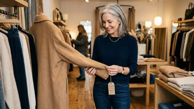 Mulher elegante analisando etiqueta de roupa em loja, conceito de custo por uso.