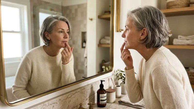 Mulher de 55 anos observando a textura dos lábios no espelho com luz natural, foco em realismo.
