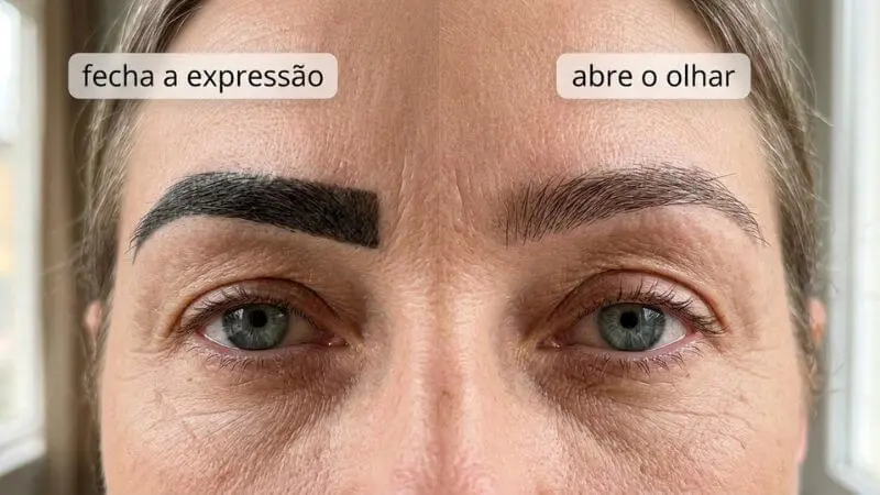Comparação do início da sobrancelha: início quadrado fechado versus início esfumado transparente em pele madura — resultado que abre expressão
