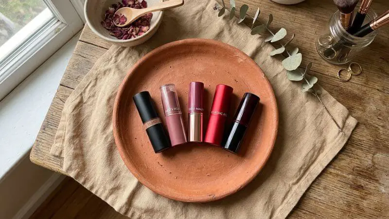 Cinco batons baratos em tons nude rose mauve e vermelho sobre prato de barro com luz natural