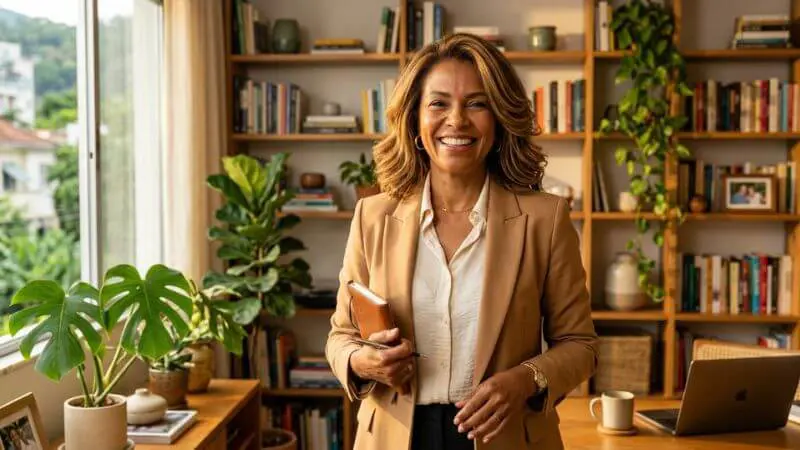 Mulher brasileira 50 anos confiante elegante com cabelo estruturado e look intencional - autoestima madura
