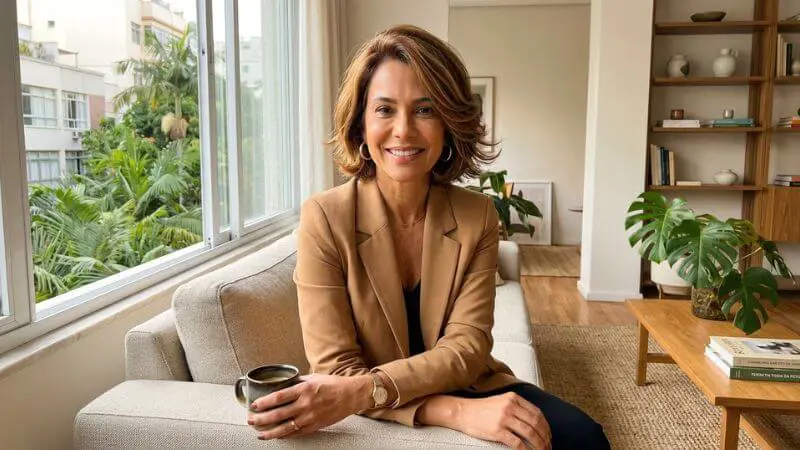Mulher brasileira elegante 50 anos com cabelo estruturado e iluminado criando lifting visual natural