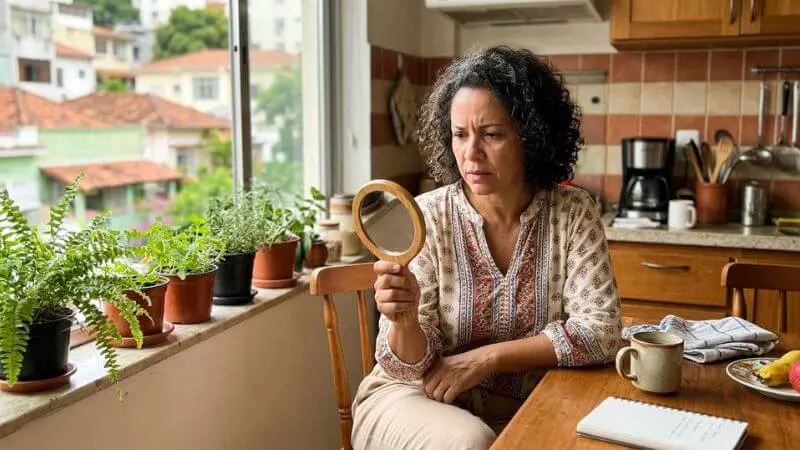 Mulher brasileira de 50 anos se olhando no espelho em casa - reflexão sobre cabelo e imagem