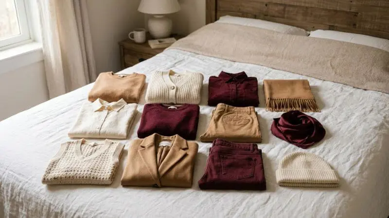 Doze peças de roupa coordenadas em tons de camel e vinho sobre cama branca.