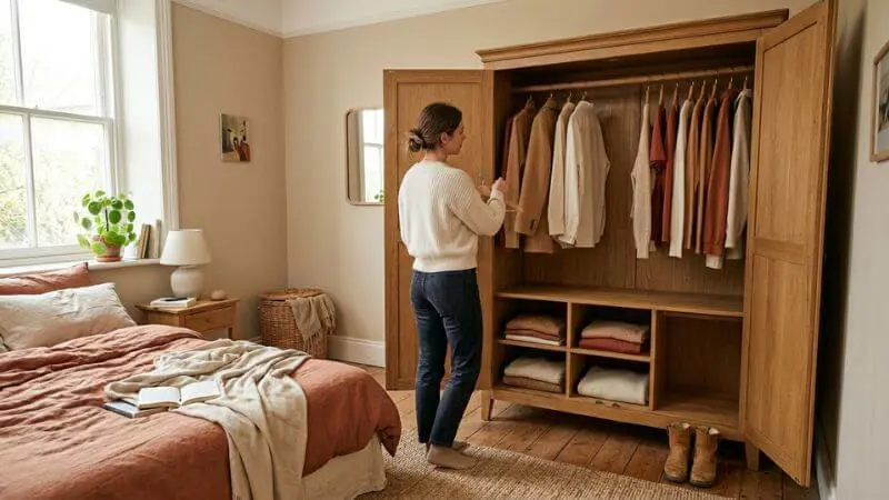Guarda-roupa organizado com peças selecionadas em tons de camel e off-white, espaço vazio estratégico.