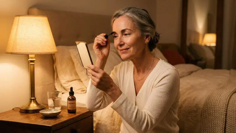 Mulher de 53 anos aplicando óleo de rícino nas sobrancelhas com spoolie antes de dormir, luz âmbar de abajur, ritual noturno de beleza