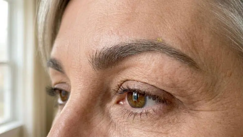 Close-up de sobrancelha madura com ponto de altura máxima marcado — cauda levantada criando efeito lifting visual imediato, pele real