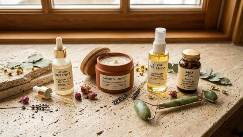 Flatlay de produtos para cabelo maduro - serum hialurônico mascara proteica, óleo leve e biotina