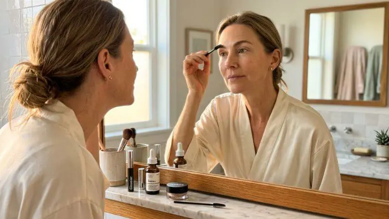 Mulher de 49 anos escovando sobrancelhas com spoolie na vanity iluminada pela manhã — rotina real de 5 minutos para design estratégico