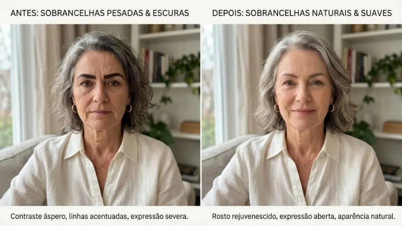 Design de Sobrancelhas Estratégico: Comparação lado a lado de sobrancelha muito escura versus design natural taupe em mulher de 58 anos — contraste agressivo vs lifting suave
