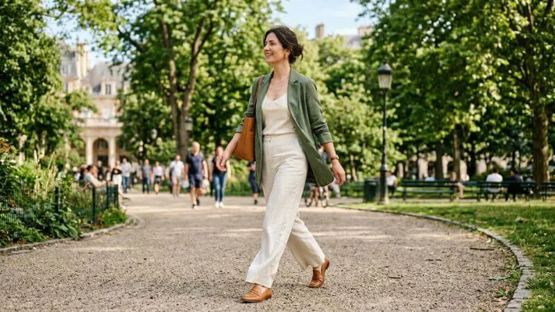 Mulher elegante caminhando com calça ampla off-white e blazer verde musgo fluido.