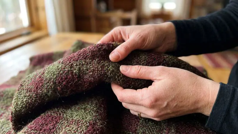 Detalhe de mãos femininas tocando tecido de lã nas cores borgonha e verde musgo.