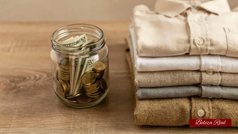 Pote com dinheiro guardado ao lado de roupas organizadas, representando economia anual