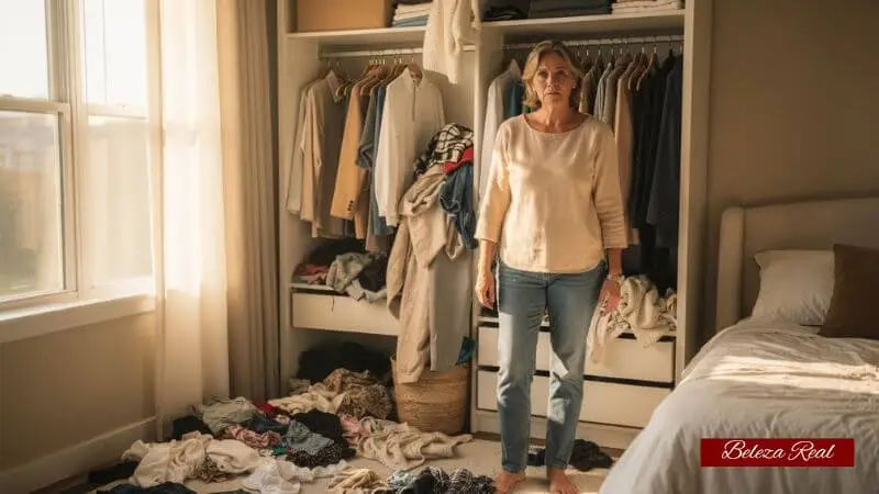 Mulher de 50 anos em frente a armário cheio e desorganizado pela manhã, ambiente real
