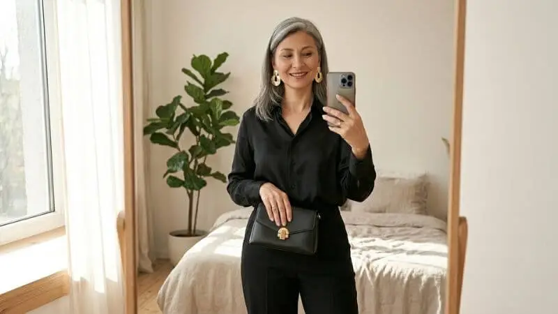 Mulher elegante com look all-black usando brinco dourado grande e clutch pequena, acessórios para festa de última hora