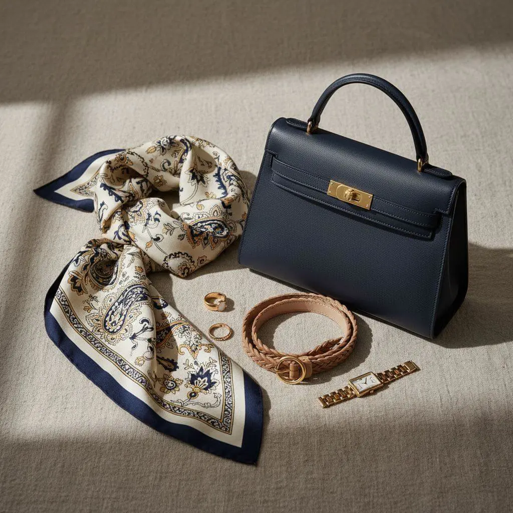 Acessórios sofisticados: lenço de seda, bolsa estruturada e cinto fino para mulheres maduras