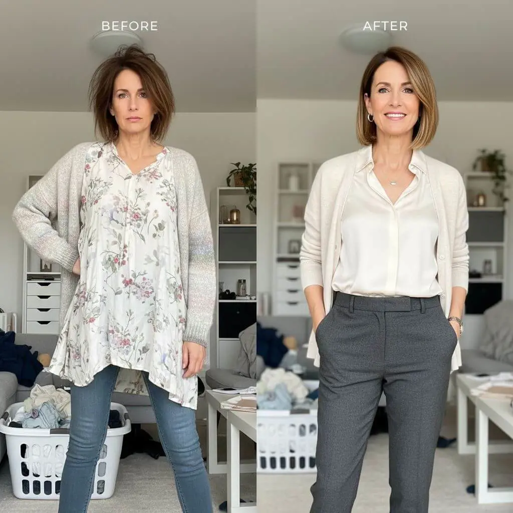 Comparação visual de look descuidado versus look sofisticado com guarda-roupa cápsula para mulheres maduras