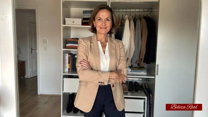 Mulher de 42 anos pronta e confiante em frente a closet organizado pela manhã