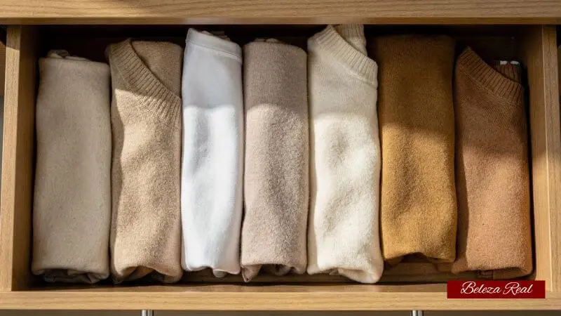 Gaveta organizada com roupas dobradas na vertical, técnica japonesa de organização