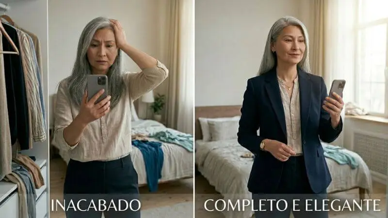 Comparação de look sem e com 3ª peça, mostrando mulher com calça e blusa vs mesma mulher com blazer por cima