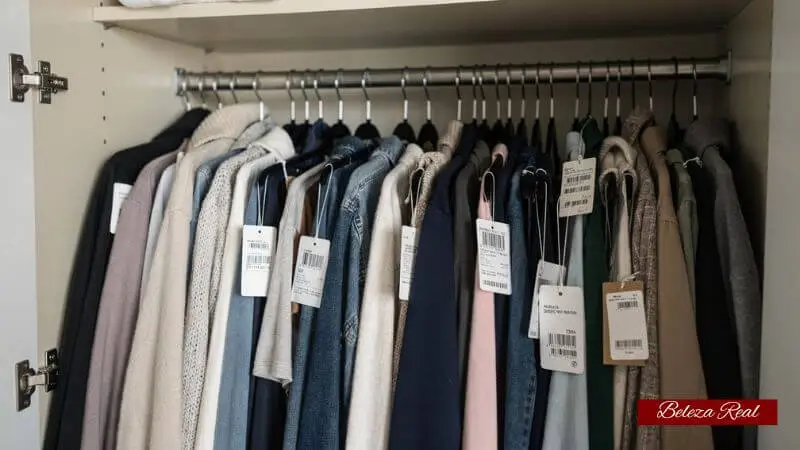 Roupas com etiqueta ainda presa em cabide lotado, exemplo de acúmulo no guarda-roupa