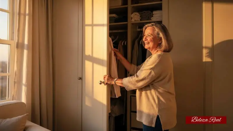 Mulher de 50 anos sorrindo ao fechar guarda-roupa organizado, sensação de conquista