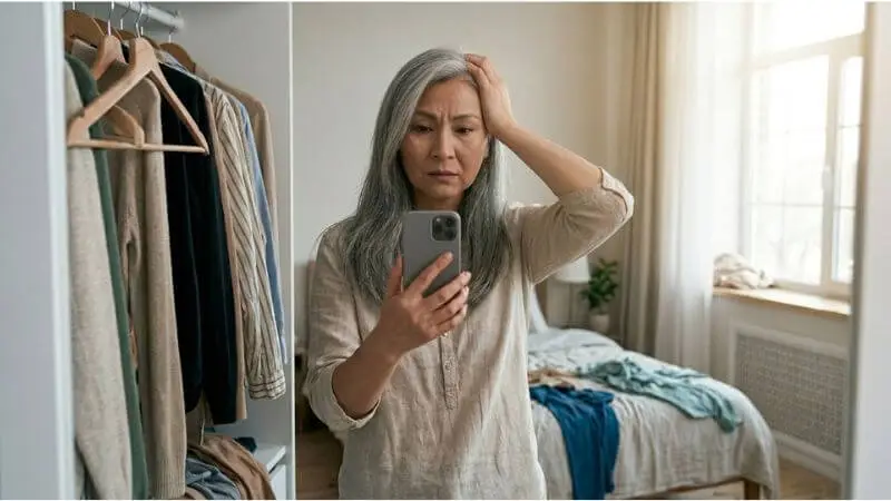 Festa De Última Hora: Como Montar Look Chique em 15 Min [2026]Mulher de 50 anos angustiada na frente do guarda-roupa lotado sem saber que roupa usar para festa de última hora