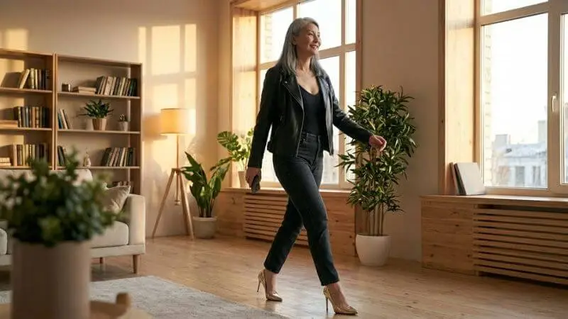 Mulher madura com look moderno para balada usando jeans escuro, body preto, jaqueta de couro e salto dourado
