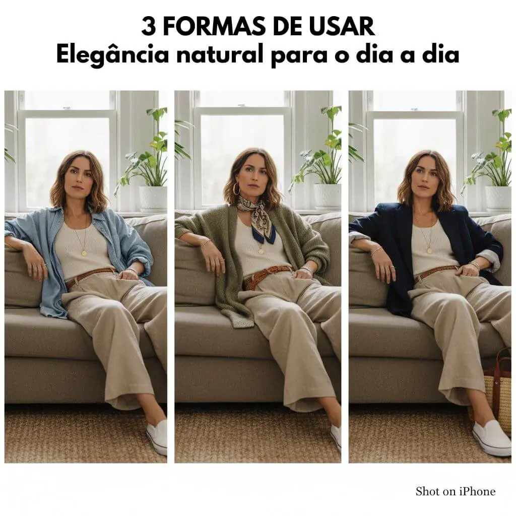 Mulher mostrando três looks diferentes criados com as mesmas peças básicas
