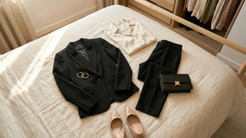 Flatlay com calça alfaiataria preta, blusa de cetim, blazer, salto nude e acessórios dourados para look de festa
