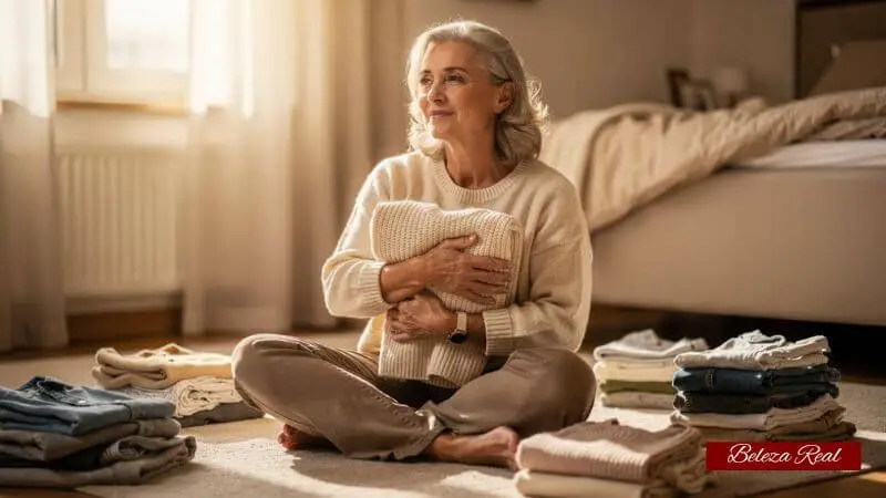 Mulher segurando peça de roupa dobrada, refletindo sobre o método KonMari de organização