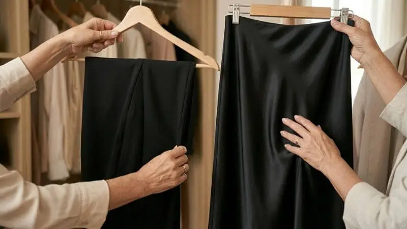 Detalhe de tecido de calça alfaiataria preta e saia midi acetinada no guarda-roupa, peças base para look chique