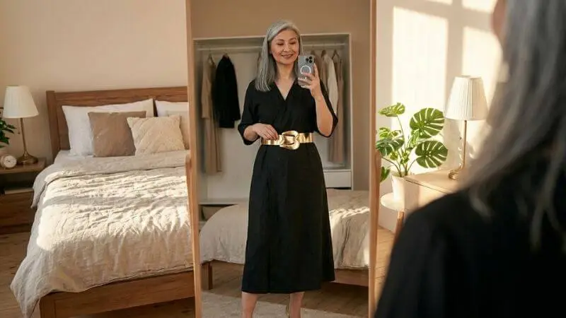 Mulher usando vestido preto simples transformado com cinto metálico largo, truque de stylist para festa de última hora