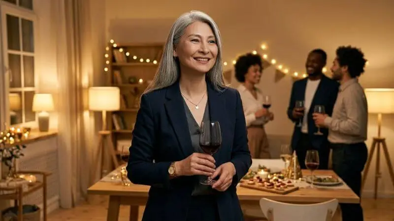 Mulher madura sorrindo confiante em festa usando look chique montado com método 3-2-1 e peças do próprio armário