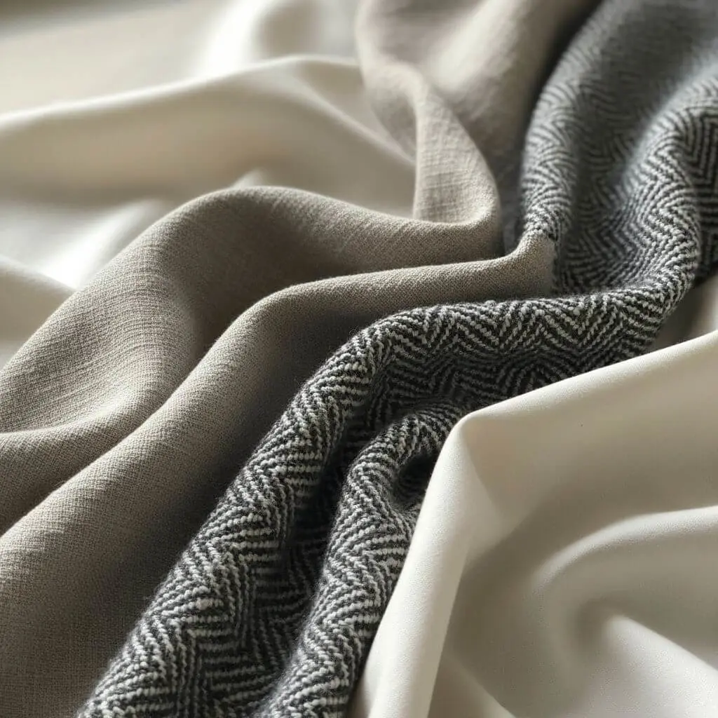 Guarda Roupa Capsula 2026:Tecidos de alta qualidade em close-up: linho, lã e algodão para looks sofisticados